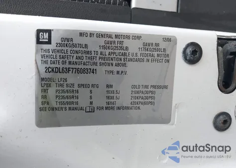 2007 Pontiac Torrent z USA, uszkodzony, nr VIN 2CKDL63F776083741